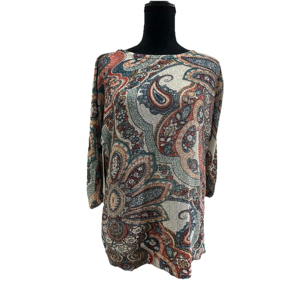 Chicos Size 2P Womens Sz L/ 12P Sweater Paisley Multicolor Pullover 3/4 Sleeves